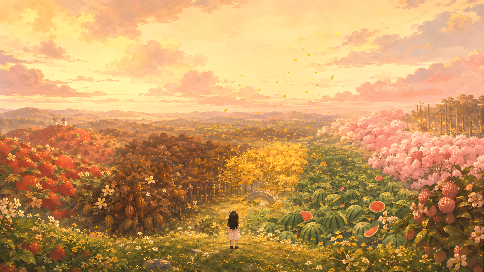 Emma stands at the edge of a vast storybook valley, gazing into layered hills of strawberry fields, cocoa groves, golden osmanthus trees, watermelon meadows, and drifting cherry blossom petals at dawn.