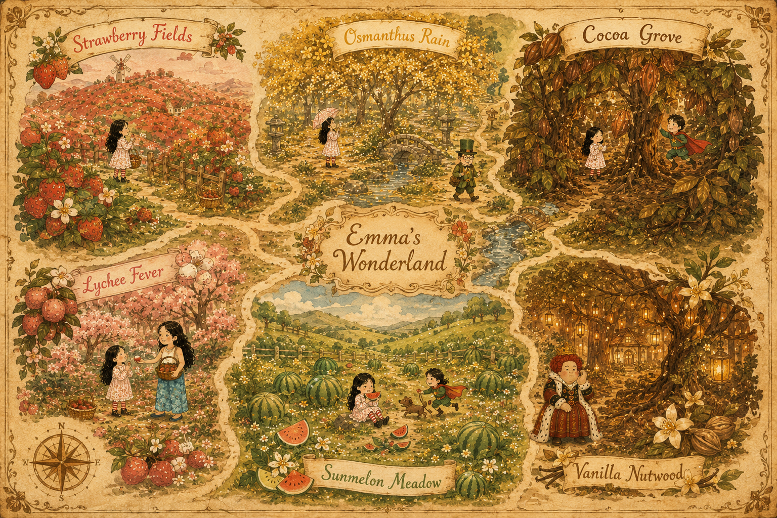 Hand-illustrated map of Emma's Wonderland, divided into six painted regions: Strawberry Fields, Osmanthus Rain, Cocoa Grove, Lychee Fever, Sunmelon Meadow, and Vanilla Nutwood.